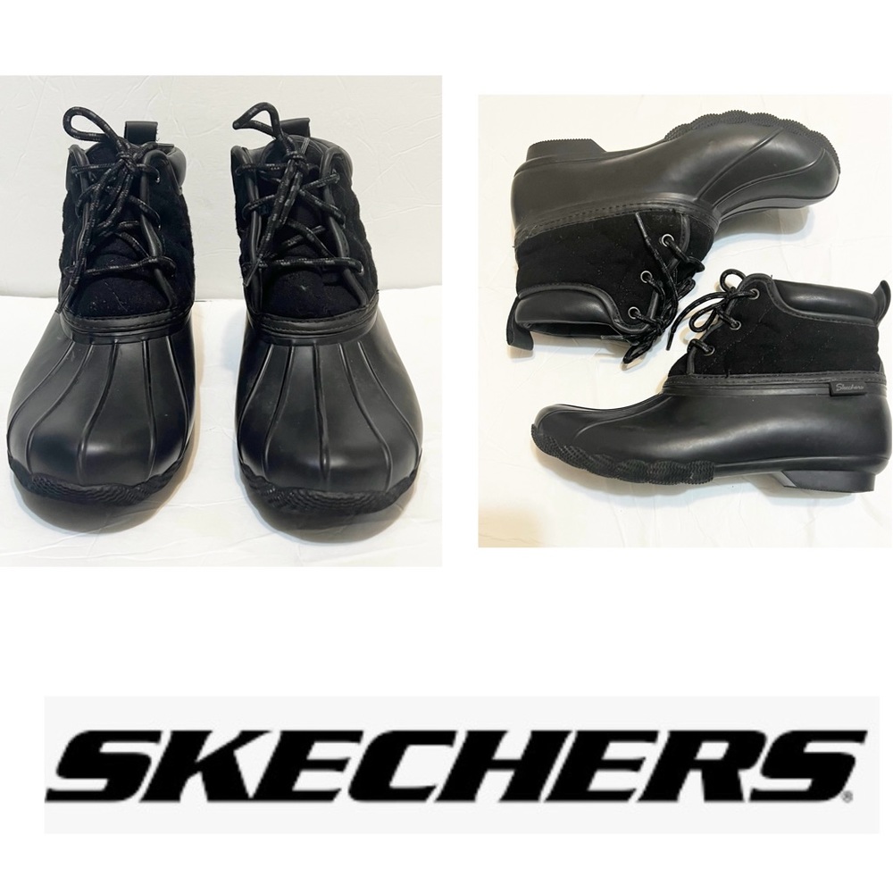 Skechers Memory Foam Womens Duck Boots Size 8 Black Wool Blend Lace Up